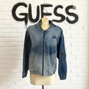 Retro 90s Style GUESS Denim Ombre Embroidered Full Zip Bomber Vintage Flair $138